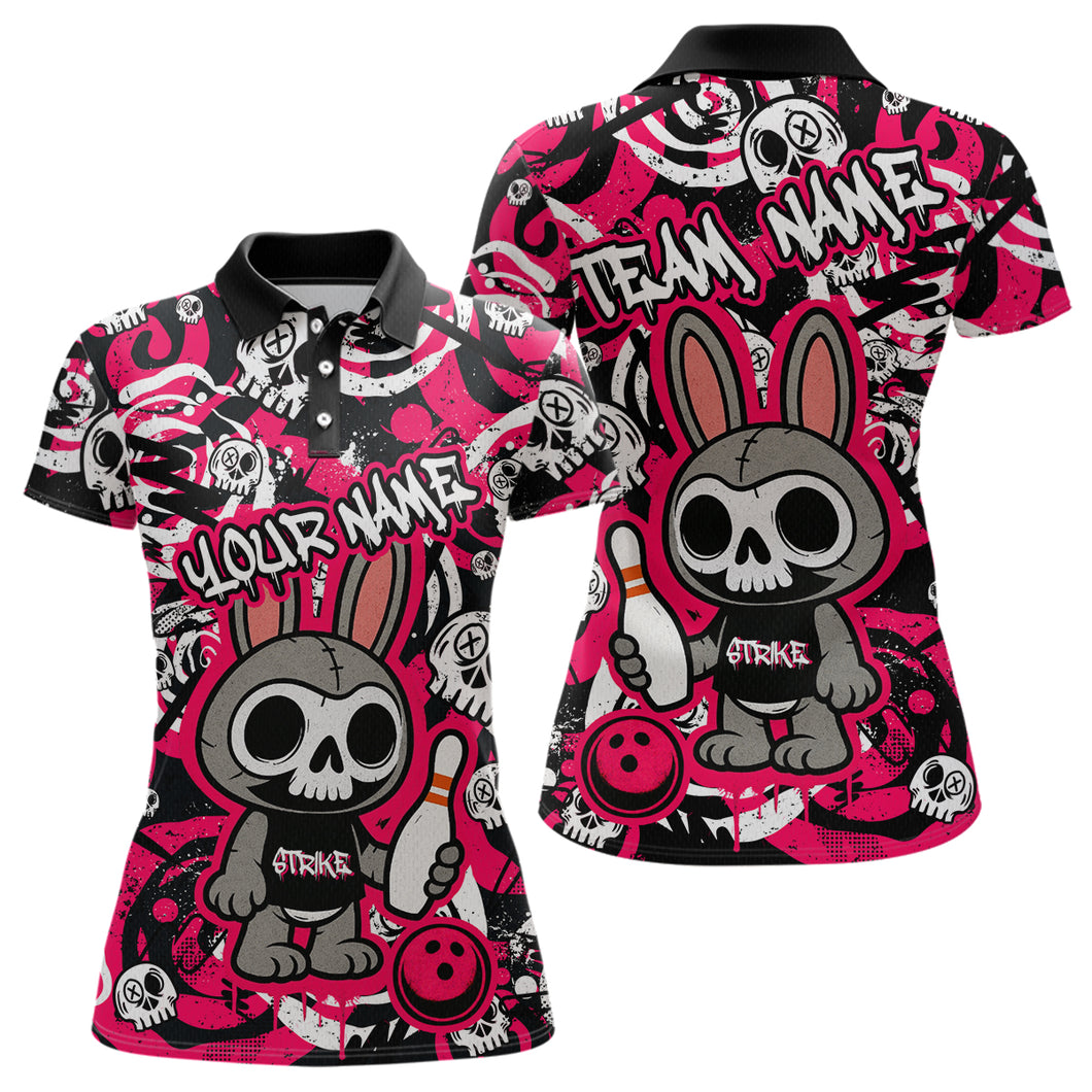 Custom Pink Skull Bunny Bowling Shirt Gothic Women Bowling Team League Polo Halloween QZT747