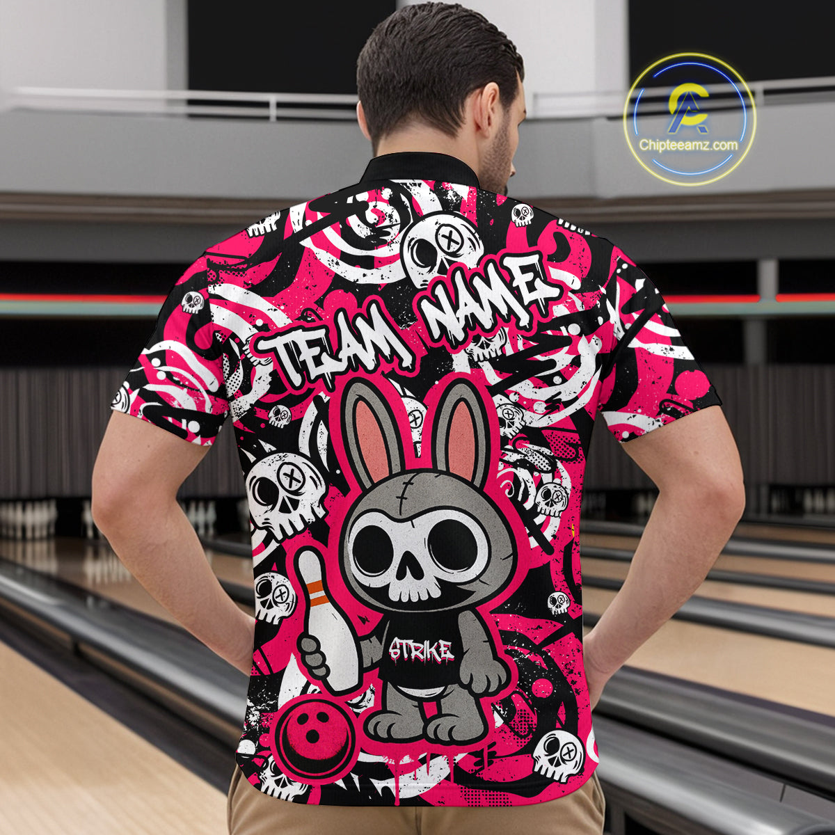 Custom Pink Skull Bunny Bowling Shirt Gothic Men Bowling League Polo Bowling Halloween QZT747
