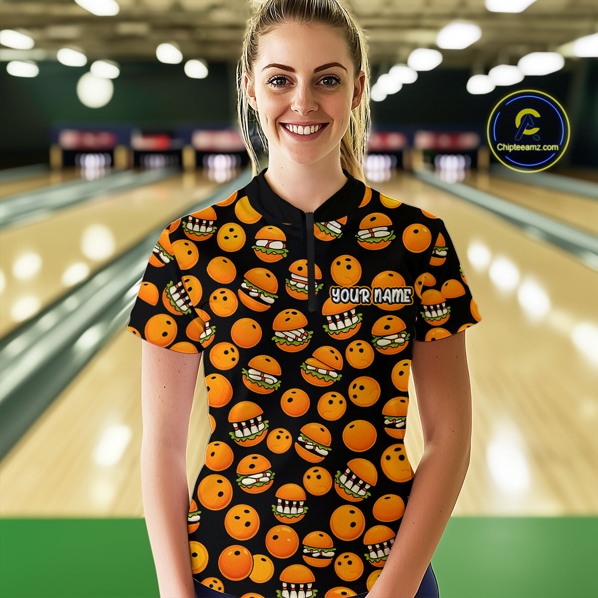 Funny Orange Hamburger Bowling Shirt  for Women Food Bowling Team League Polo & 1/4 Zip Bowling Jersey QZT724