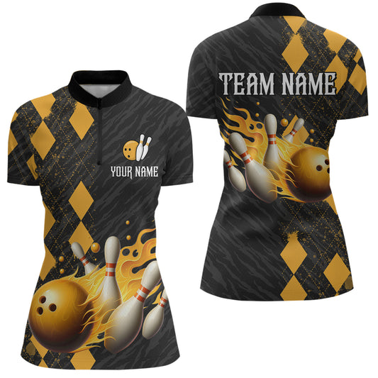 Flame Yellow Bowling Team Shirt Custom Bowling Jersey for Men Women Flame Quarter-Zip Shirt QZT679