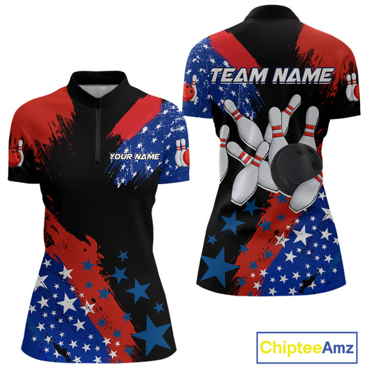 American Flag Bowling Shirt Personalized Patriotic Quarter-Zip Bowling Team League Gift for Bowlers QZT691