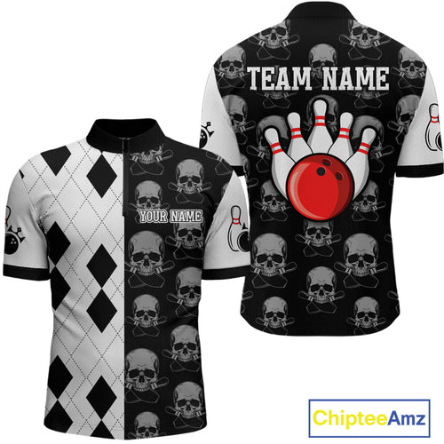 Black & White Bowling Shirt Custom Skull Quarter-Zip Bowling Jersey Gift for Bowlers QZT693