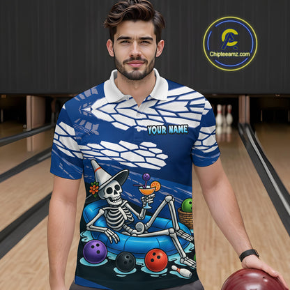 Custom Blue Funny Skull Bowling Team Shirt Polo & Quarter-Zip Bowling League Jersey for Men QZT755