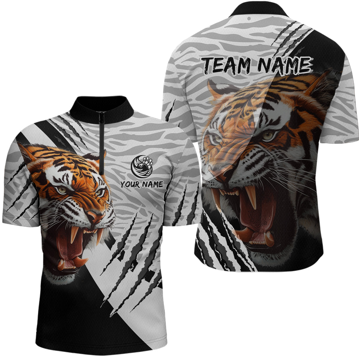 Black & White Bowling Shirt Tiger Bowling Team Jersey Quarter Zip Bowling for Men & Women QZT641