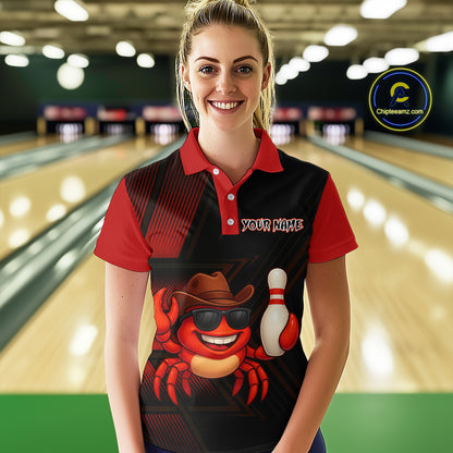 Custom Red Funny Crab Bowling Team Shirt Women Bowling Jersey Outfit Polo & 1/4-Zip Bowler Gift QZT757