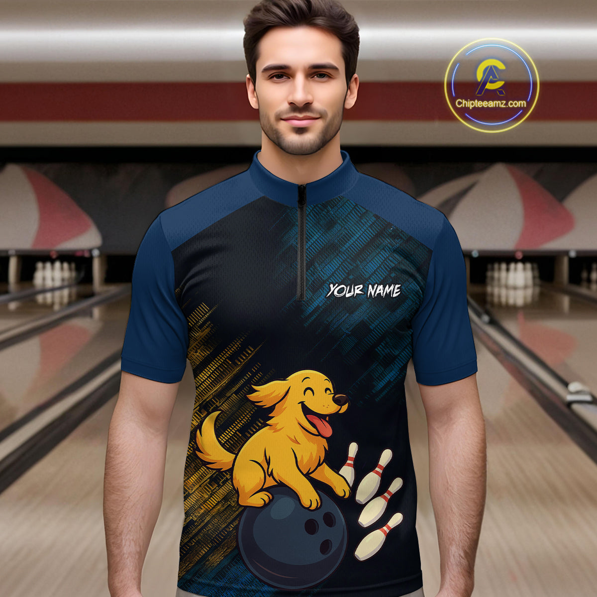 Funny Golden Retriever Dog Bowling Shirt for Men Custom Polo & Quarter-Zip Bowling Team Jersey QZT760