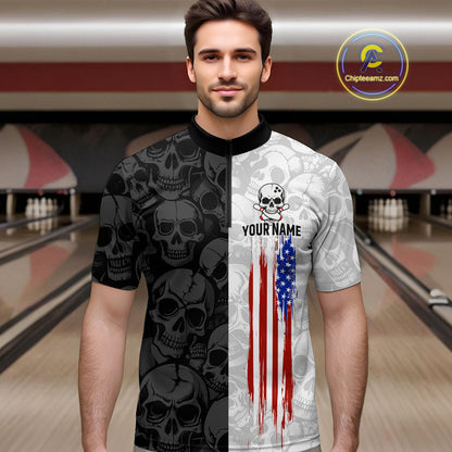 American Flag Bowling Team Shirt Polo 1/4-Zip Patriotic Bowling Jersey for Men Halloween Gift QZT729