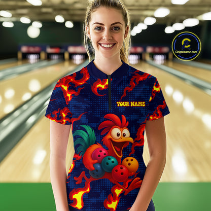 Custom Red Flame Funny Chicken for Women Bowling Team Jersey Bowling League Shirt Polo & 1/4-Zip QZT762