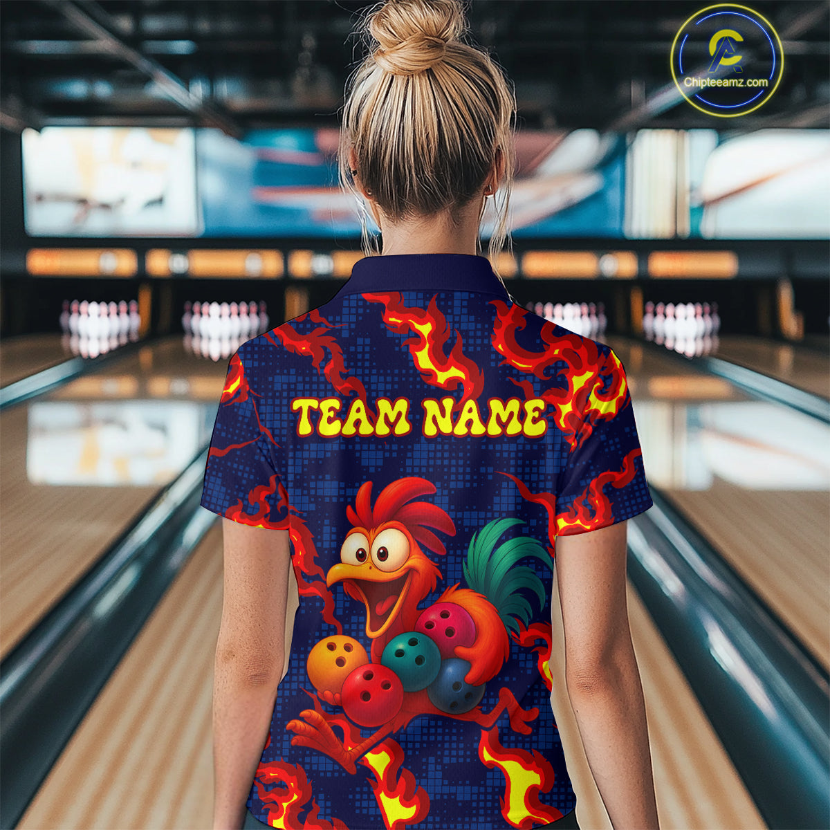 Custom Red Flame Funny Chicken for Women Bowling Team Jersey Bowling League Shirt Polo & 1/4-Zip QZT762