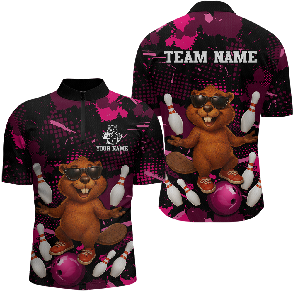 Custom Pink Funny Beaver Bowling Team Shirt Men Bowling League Jersey Polo Bowling Outfit QZT764