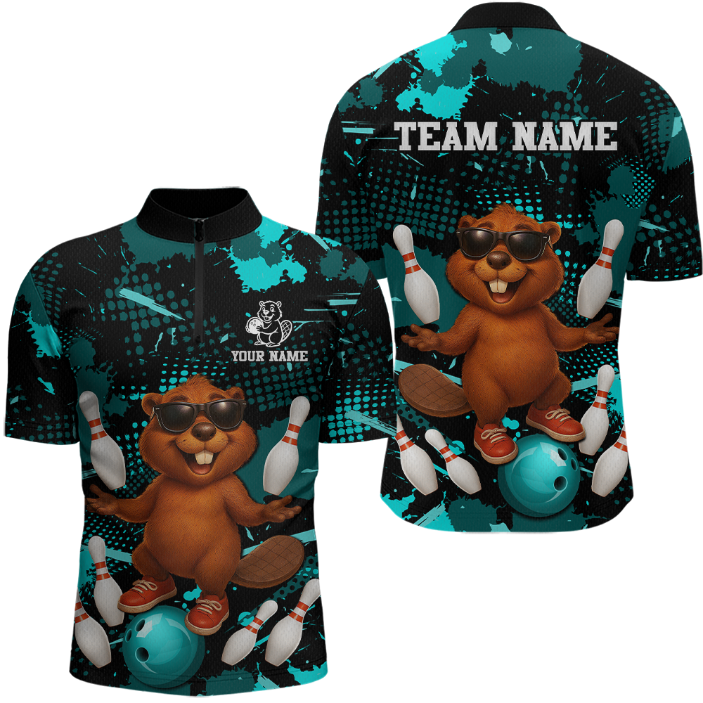 Custom Teal Funny Beaver Bowling Team Shirt Men Bowling League Jersey Polo Bowling Outfit QZT764