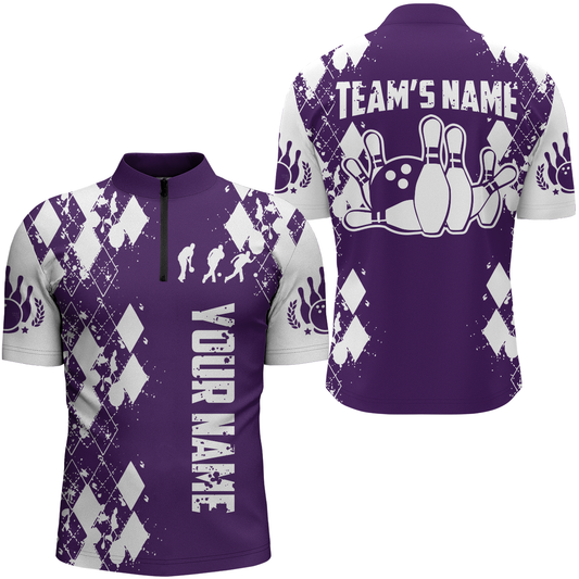 Purple White Bowling Shirt Unisex Custom Bowling Jersey Quarter-Zip Bowling Shirt for Men QZT264