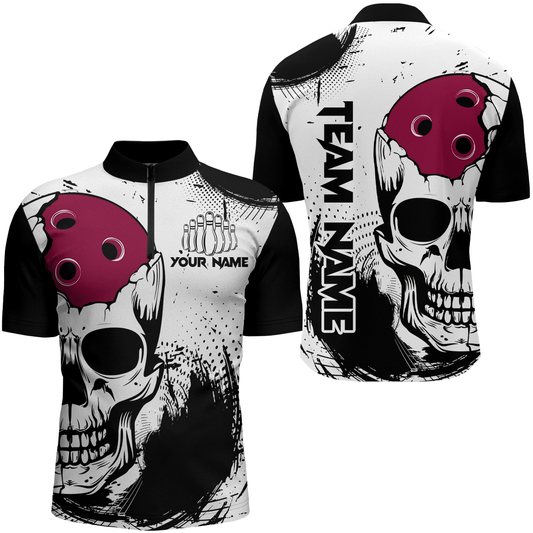 Personalized Bowling Shirt Skull Bowling Team Jersey Quarter-Zip Shirt for Men QZT275