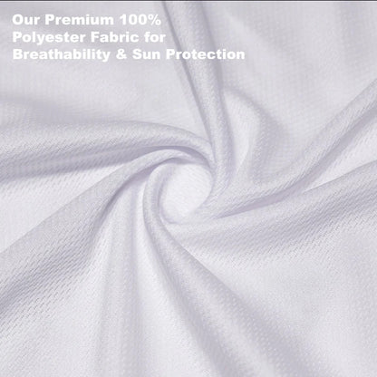 Close-up of white fabric with text about premium 100% polyester fabric for breathability and sun protection.