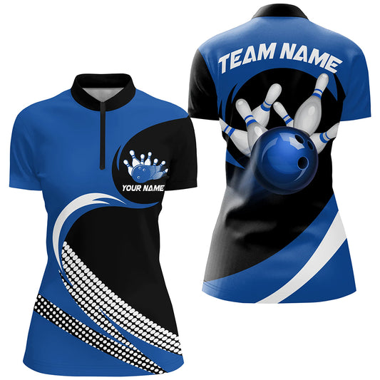 Personalized Blue Bowling Shirts Custom Bowling Team Jersey Quarter-Zip Bowling Shirts BDT502