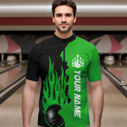 Green Flame Bowling Quarter Zip Shirts Men & Women Custom Bowling Team League Jerseys BDT471