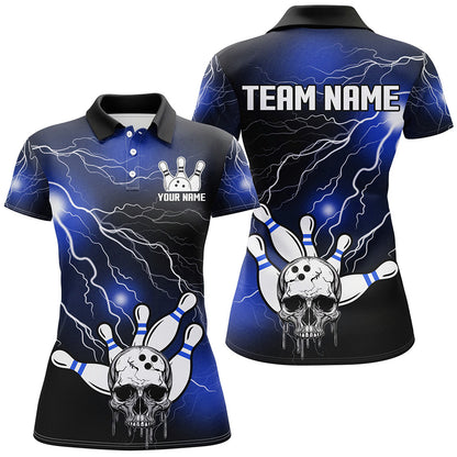 Skull Bowling Polo Shirt For Men & Women Light Thunder Blue Bowling Team Jersey Halloween BDT541