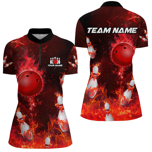 Red Flame Bowling Shirts Men & Women Custom Bowling Team Jersey 1/4 Zip Bowling Uniform BDT529