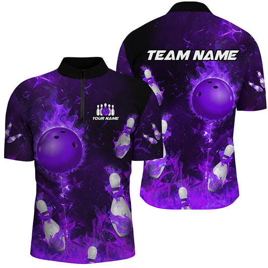 Purple Flame Bowling Shirts Men & Women Custom Bowling Team Jersey 1/4 Zip Bowling Uniform BDT529