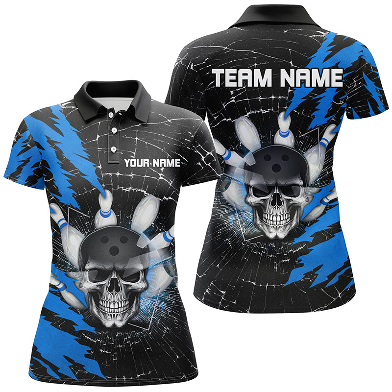 Skull Bowling Polo Shirt For Men & Women Custom Halloween Bowling Team Jersey Blue BDT538