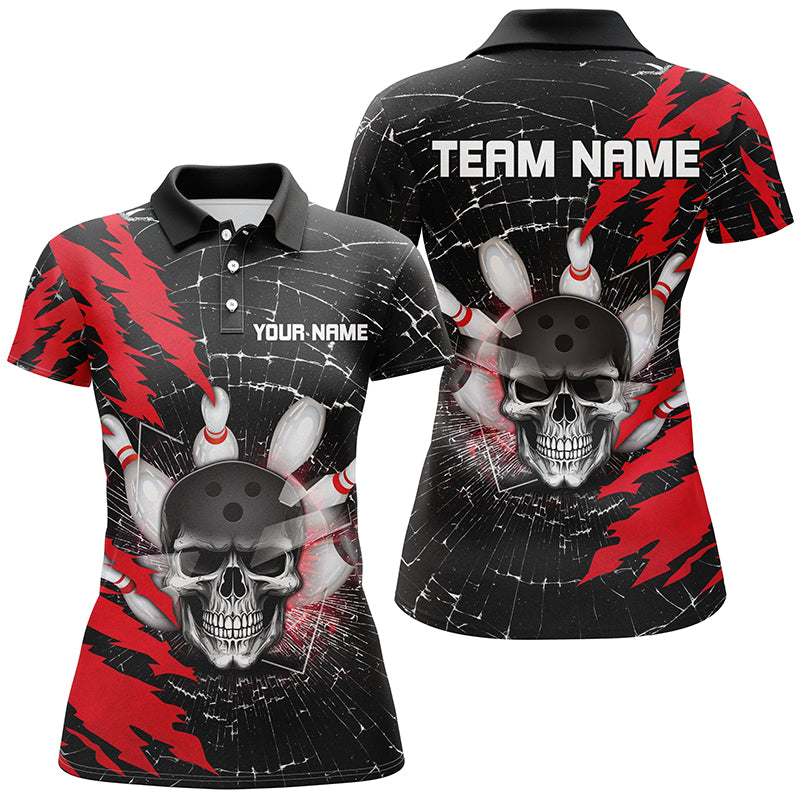Skull Bowling Polo Shirt For Men & Women Custom Halloween Bowling Team Jersey Red BDT538