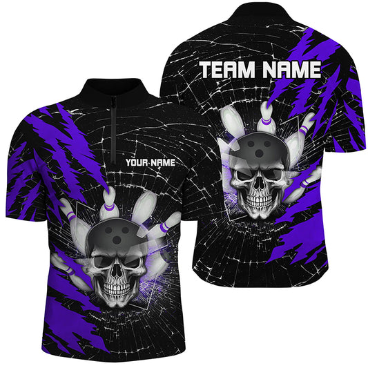 Skull Bowling 1/4 Zip Shirt For Men & Women Custom Halloween Bowling Team Jersey Purple BDT538