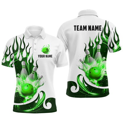 White&Green Bowling Shirts For Men & Women Custom Flame Bowling Team Jersey Polo BDT537