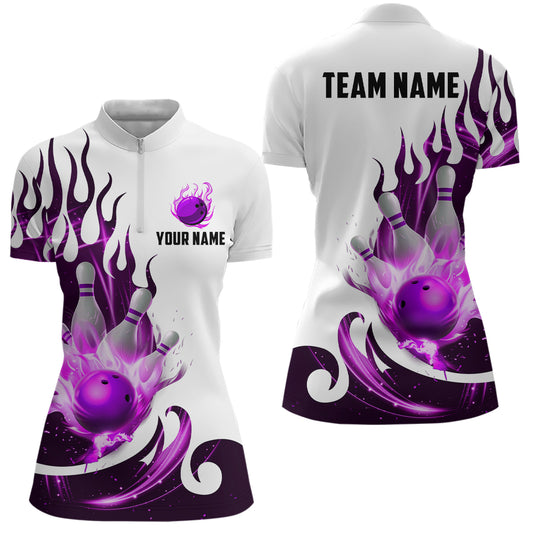 White&Purple Bowling Shirts For Men & Women Custom Flame Bowling Team Jersey Quarter-Zip BDT537