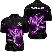 Load image into Gallery viewer, Custom Purple Flames Bowling Shirt For Men &amp; Women 1/4 Zip Bowling Team Jersey Unisex BDT542