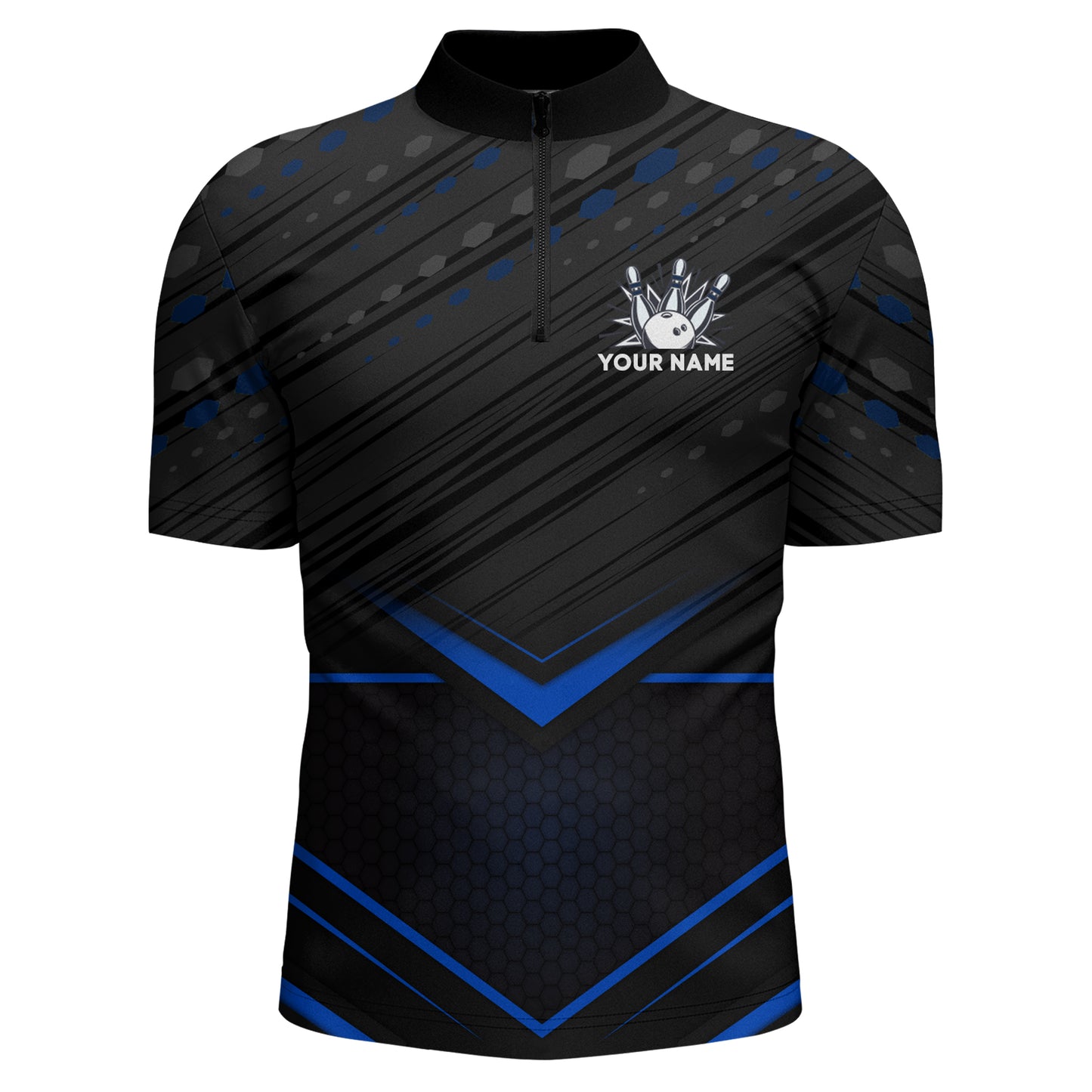 Strike Bowling Shirt for Men Personalized Bowling Jersey Blue&Black Bowling Quarter-Zip Shirt BDT259