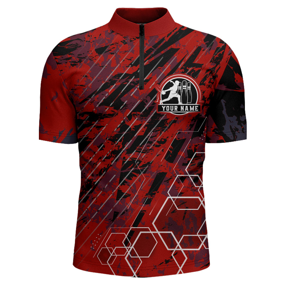 Custom Black&Red Bowling Shirt For Men Personalized Bowling Team Jersey Bowling 1/4 Zip Shirt BDT323