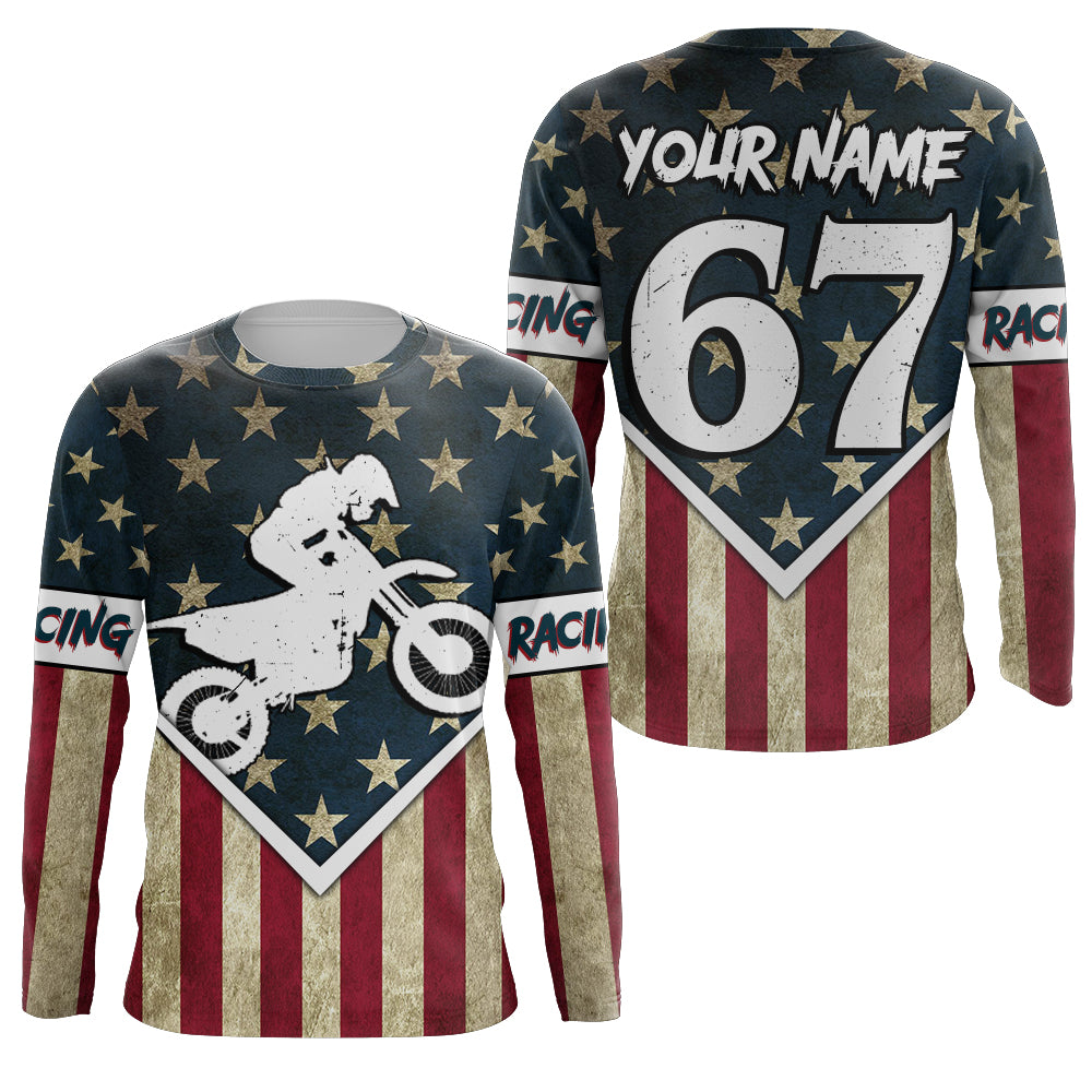 Kid&Adult American Flag Motocross Jersey Personalized UPF30+ Dirt Bike Shirt Off-Road MX Racing PDT748
