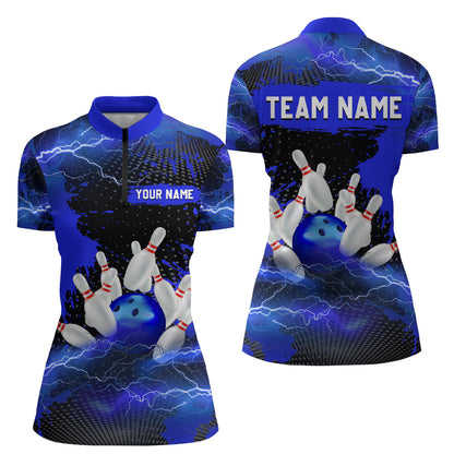 Custom Blue Bowling Quarter-Zip Shirts Men & Women Lightning Thunder Bowling Team Jerseys BDT455