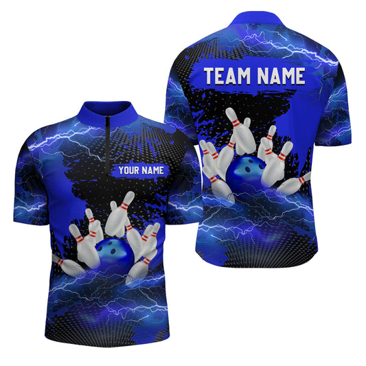 Custom Blue Bowling Quarter-Zip Shirts Men & Women Lightning Thunder Bowling Team Jerseys BDT455