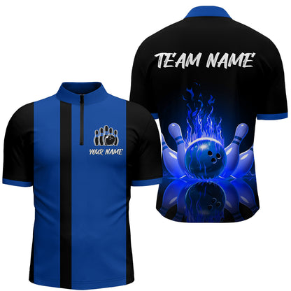 Blue Flame Bowling Shirt for Men & Women Custom Bowling Jersey Team League Bowling 1/4 Zip BDT547