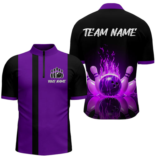 Purple Flame Bowling Shirt for Men & Women Custom Bowling Jersey Team League Bowling 1/4 Zip BDT547