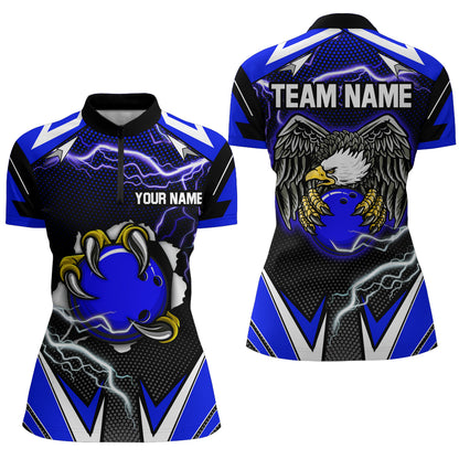 Custom Eagle Bowling Shirts for Men & Women Quarter Zip Bowling Team Jerseys Blue BDT468