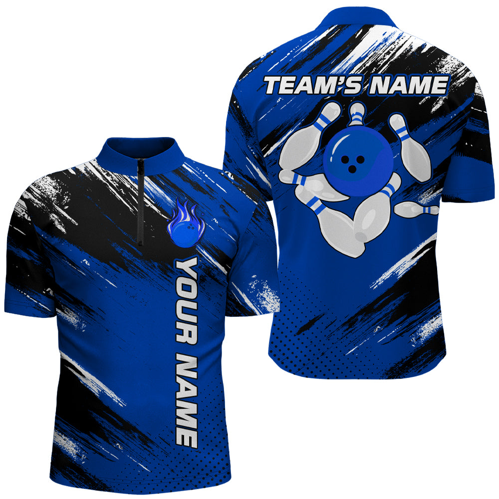 Custom Bowling Jersey for Men & Women Flame Blue Bowling Quarter-Zip Shirt Team League BDT556