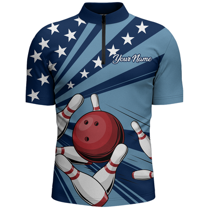 Custom Navy Bowling Jersey For Men American Flag Bowling Team Shirt Bowling Quarter-Zip Shirt BDT309