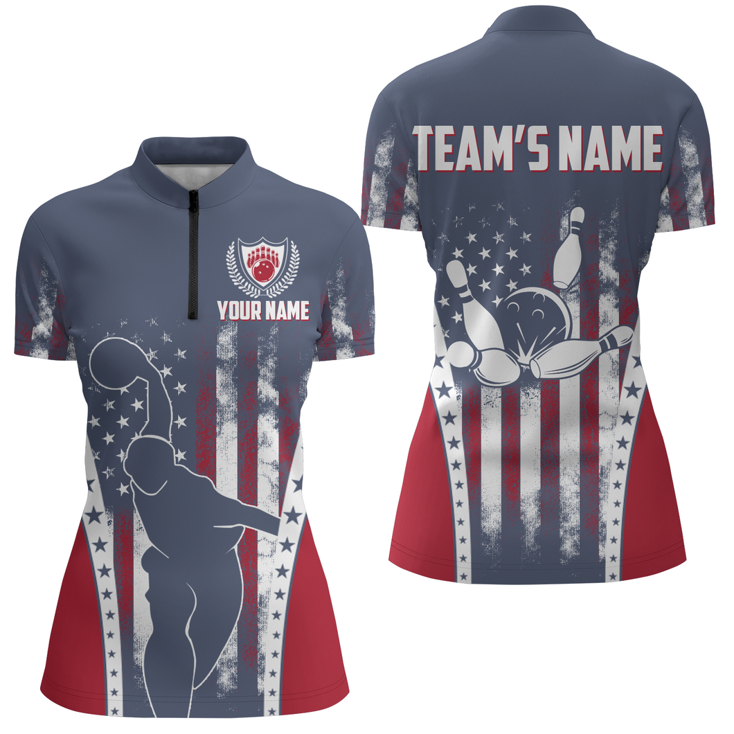 American Bowling Jersey For Women Custom Navy Bowling Shirt Team Bowling Quarter-Zip Shirt BDT316