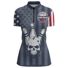 Load image into Gallery viewer, American Flag Bowling Shirt Women Skull Bowling Jersey Team Custom Bowling Quarter-Zip Shirt BDT379
