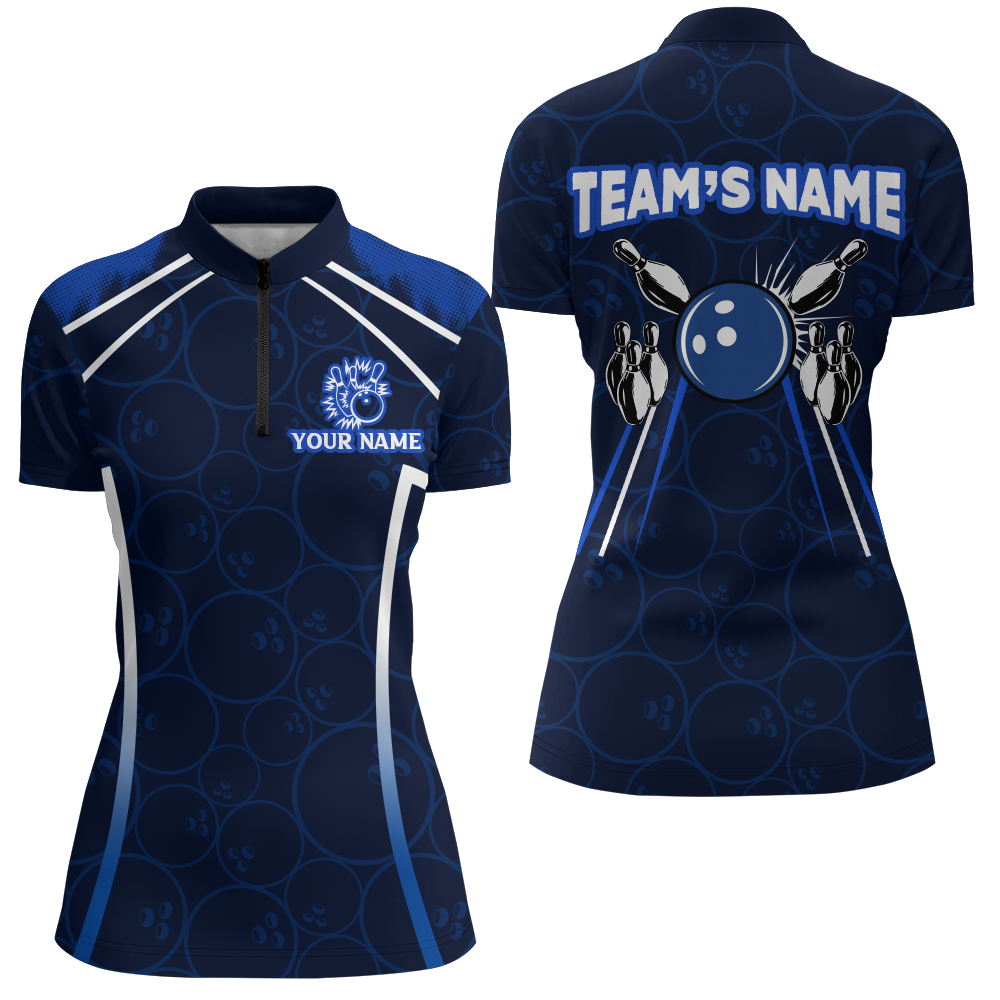 Custom Bowling Quarter-Zip Shirt For Women Navy Bowling Team Jersey Couple Bowling Shirt BDT342