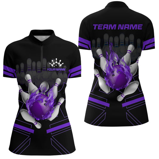 Custom Flame Bowling Jersey For Women Bowling Team Shirt League Bowling Quarter-Zip Shirt BDT303
