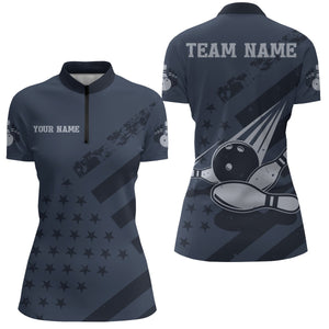 American Flag Bowling Quarter-Zip Shirt Team Patriotic Bowling Jersey Women Bowlers Short Sleeve BDT265