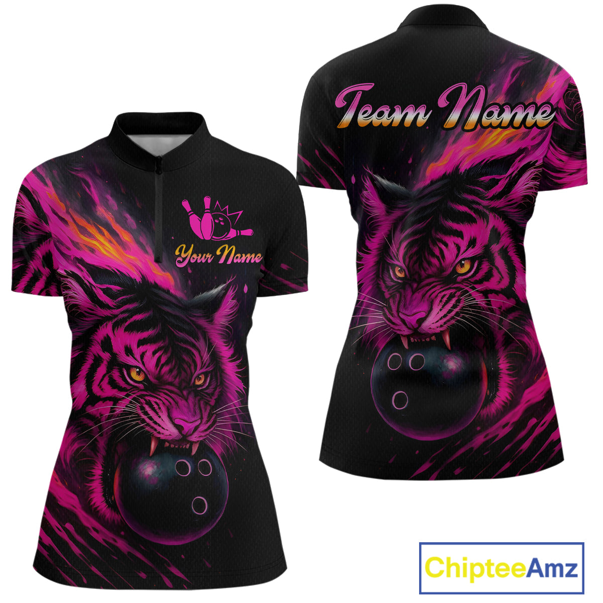 Pink Tiger Bowling Shirts for Men Women Team Bowling Polo & Quarter Zip Shirts MBL150