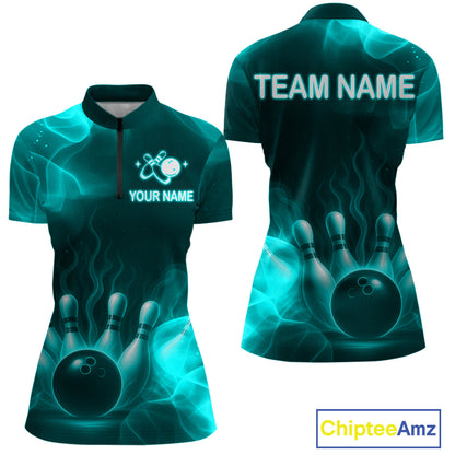 Teal Flaming Bowling Shirts for Women Men Custom Team Bowling Polo & Quarter Zip MBL140