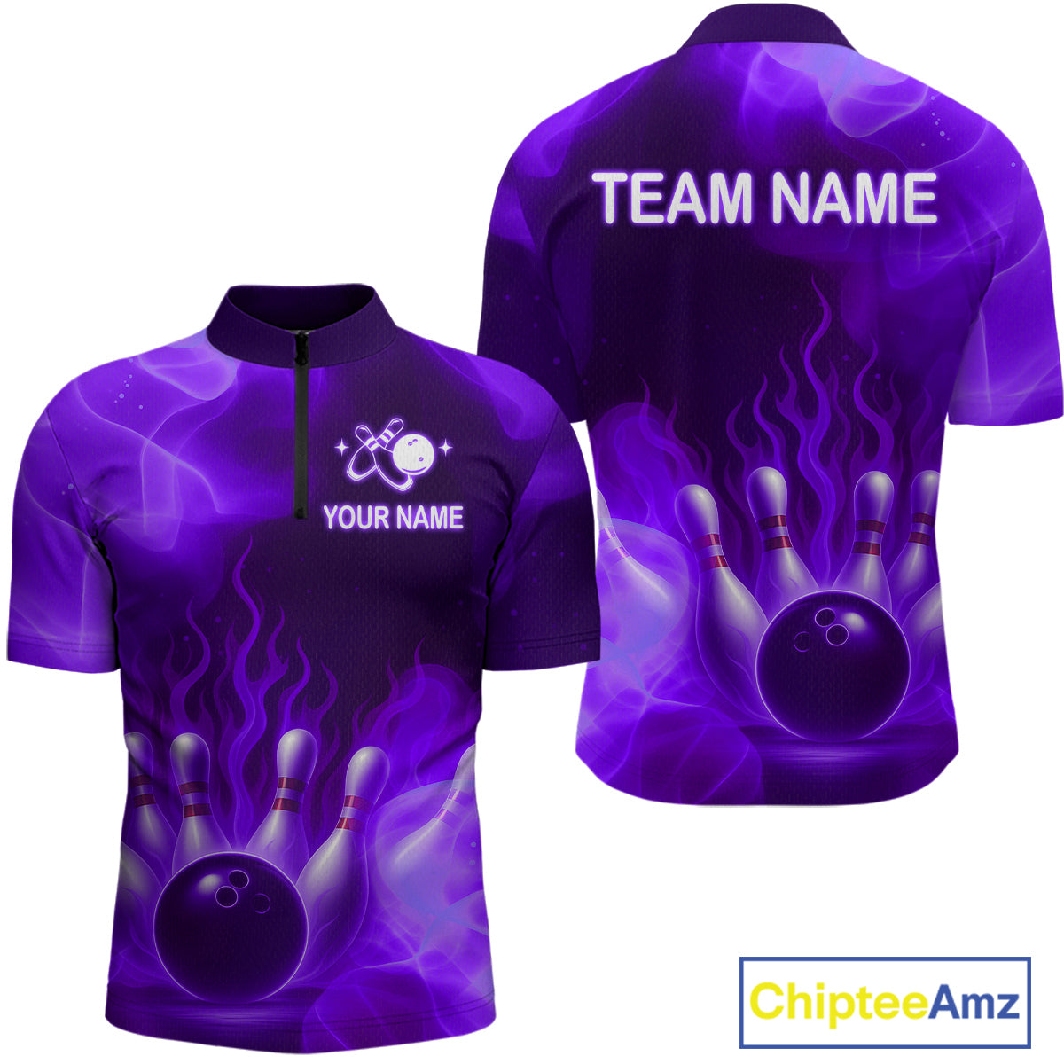 Purple Flaming Bowling Shirts for Women Men Custom Team Bowling Polo & Quarter Zip MBL140
