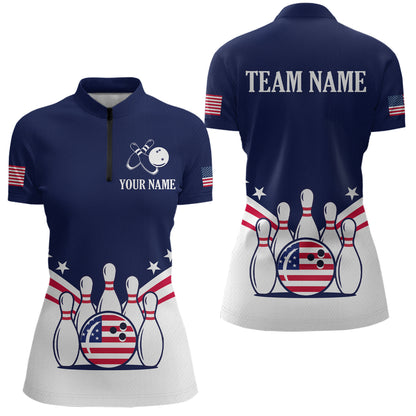 Patriotic Blue Bowling Shirt for Men Women Team Custom Bowling Polo & 1/4 Zip Shirt MBL30