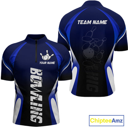 Custom Blue Bowling Shirt for Men Women Team Bowling Jerseys Polo 1/4 Zip MBL106