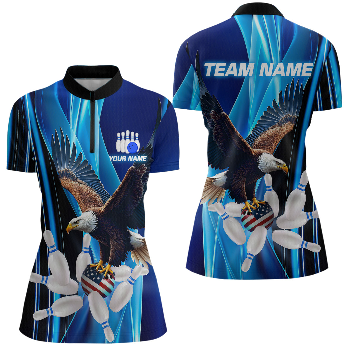 Custom Blue Eagle Bowling Shirt for Men Women Team Bowling Polo Shirts & 1/4 Zip MBL95